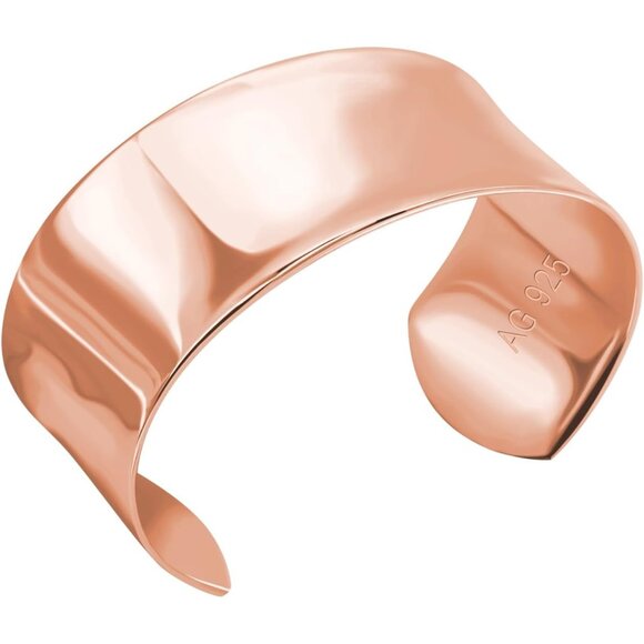Women 925 Silver Curved Bangle 30MM Wide Rose Gold Plated Adjustable Jewelry Gif - Picture 1 of 7
